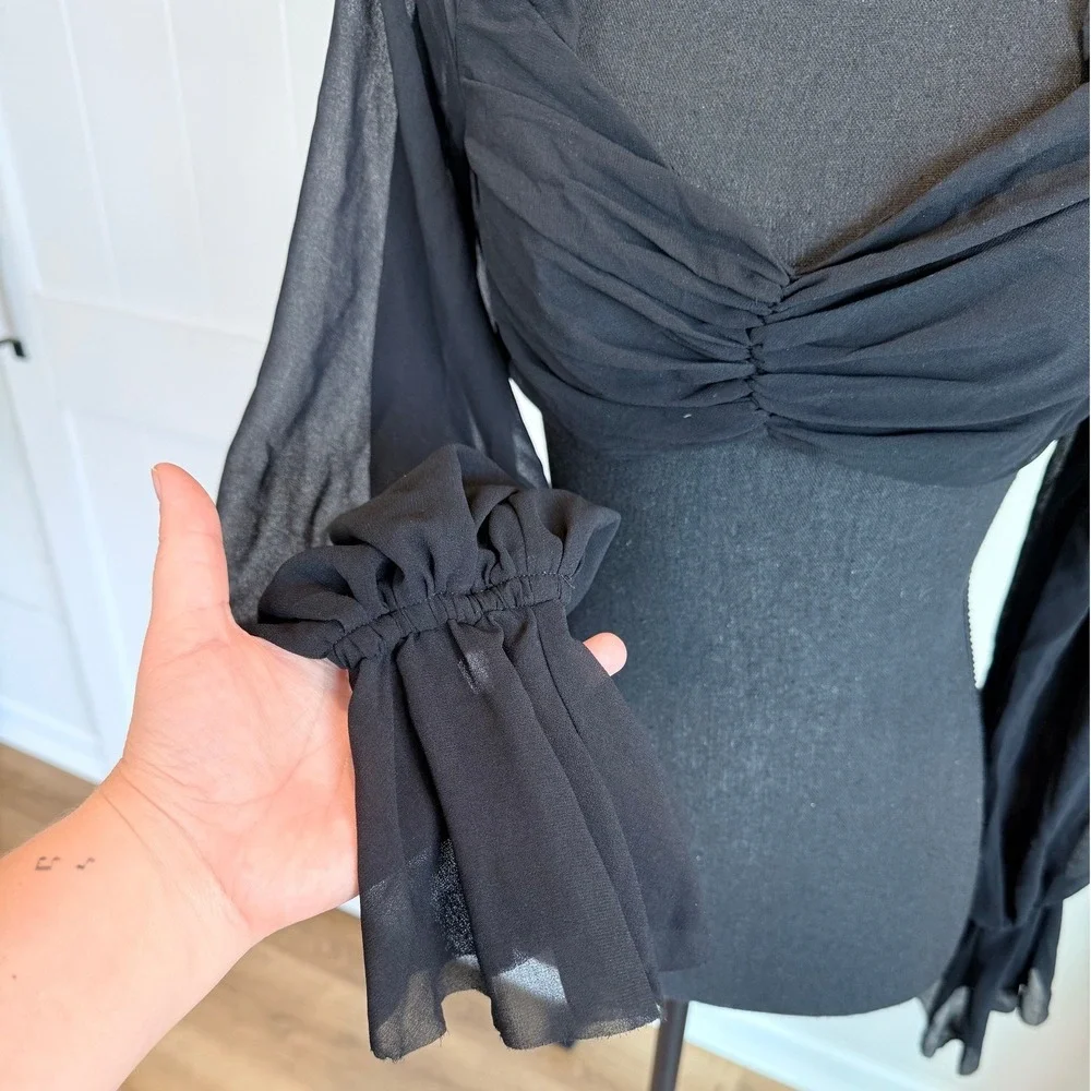 House of CB Giuliana Black Ruched Crop Top Sheer Long Sleeve Blouse Size L